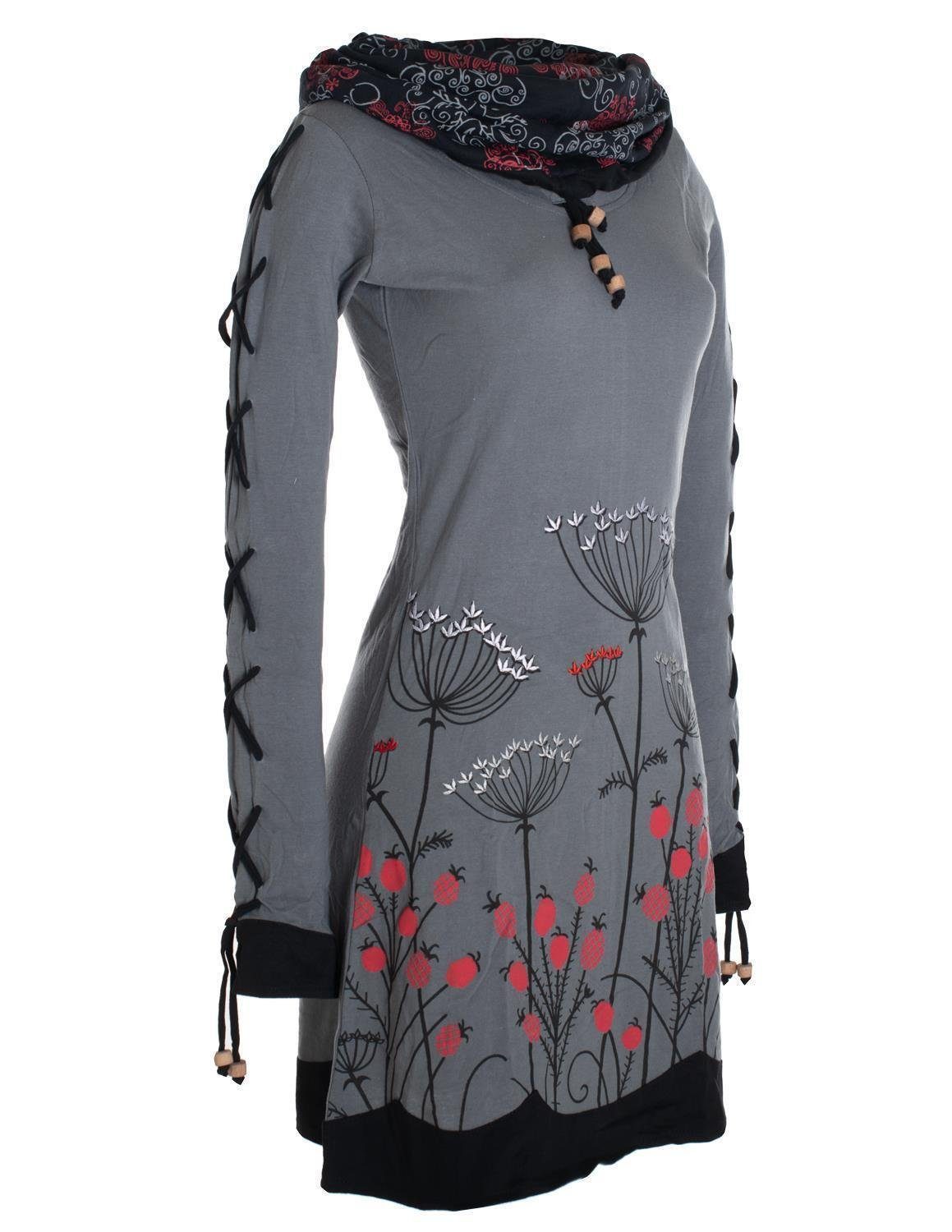 Vishes Jerseykleid Blumenkleid Langarm-Shirtkleid mit Schalkragen Hippie, Boho, Elfen Style – Bild 4 von 4