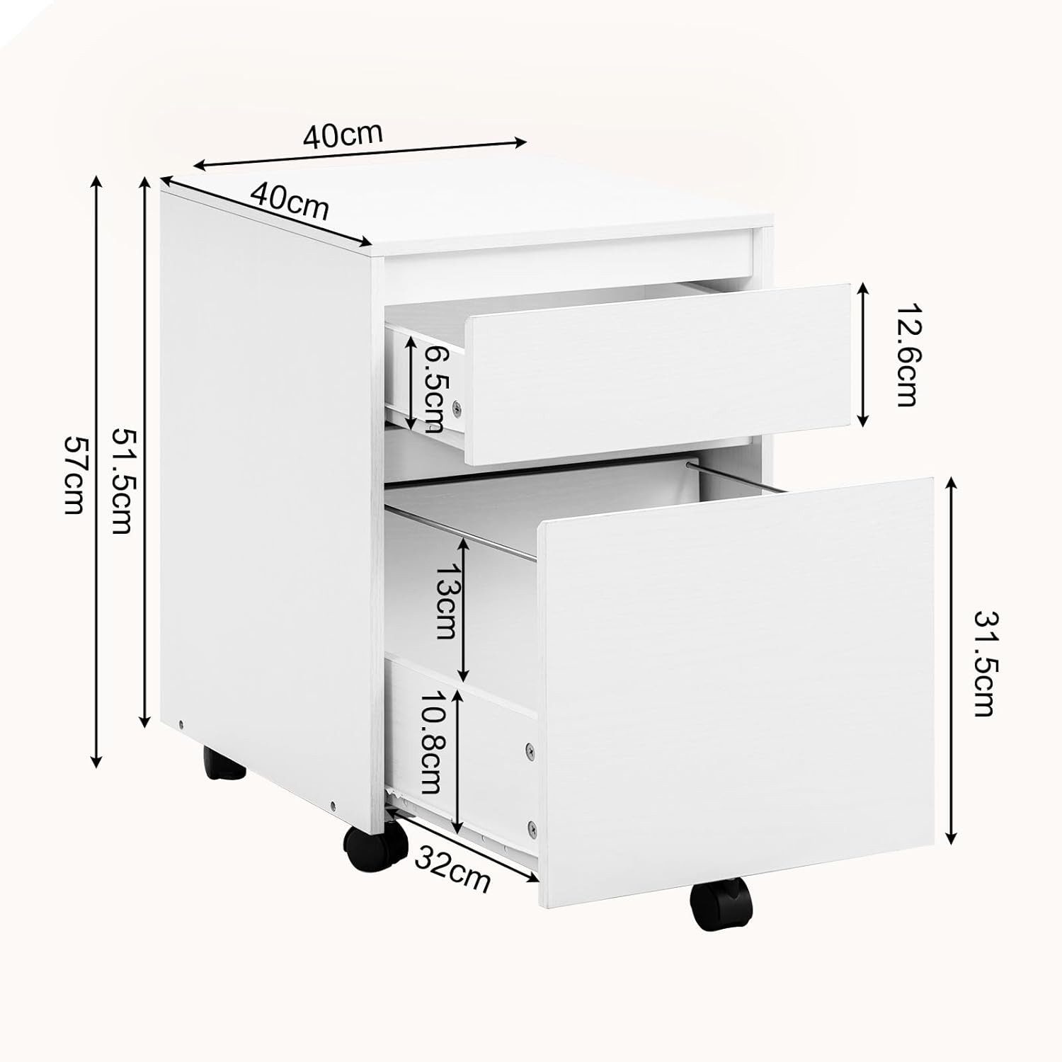 Woltu Rollcontainer, mit 2 Schubladen, Büroschrank auf Rollen, 40x57x40 cm