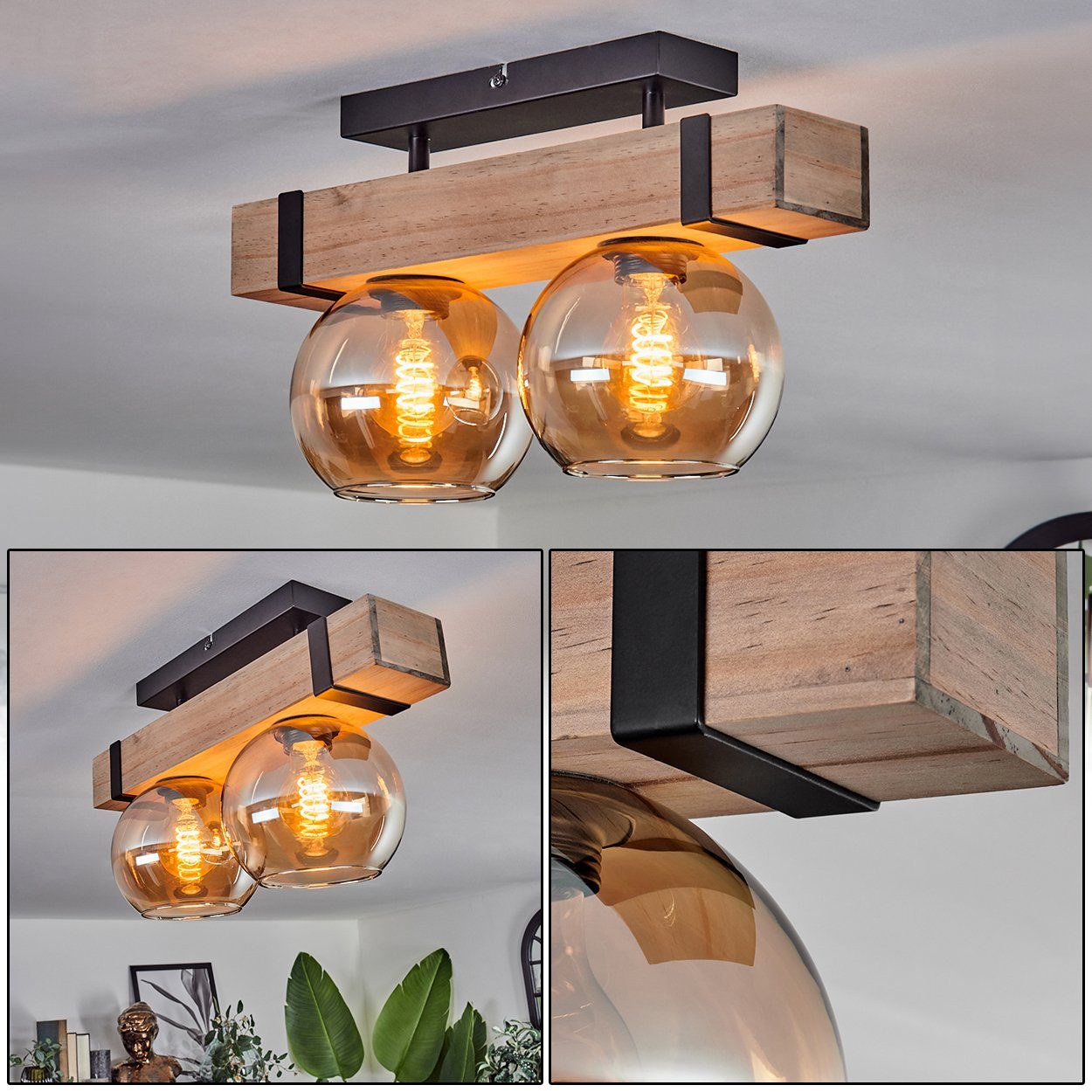 hofstein Deckenleuchte Deckenlampe aus Metall/Holz/Glas in Schwarz/Natur/Be günstig online kaufen