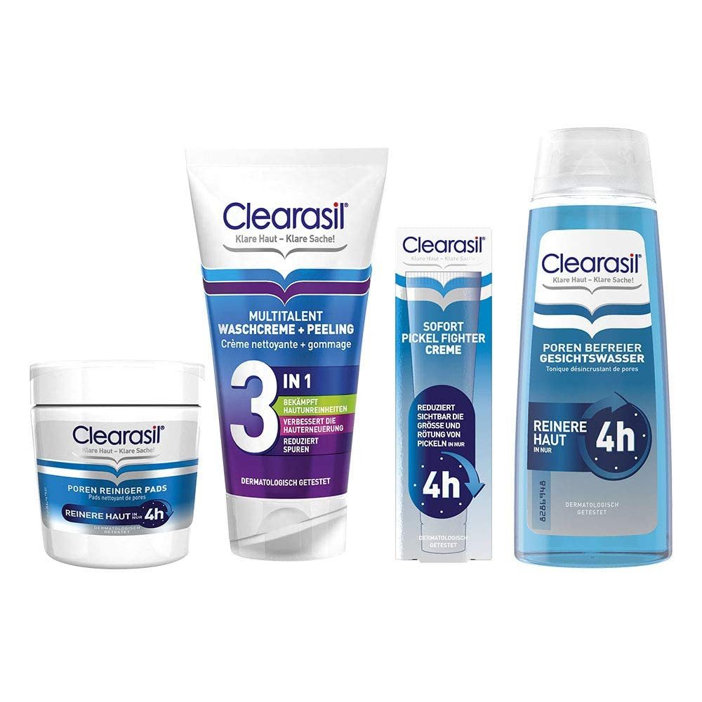 Gesichtreinigungs-Set Clearasil Pads 65Stk +Creme 15ml +Peeling 150ml +Gesichtswasser 200ml