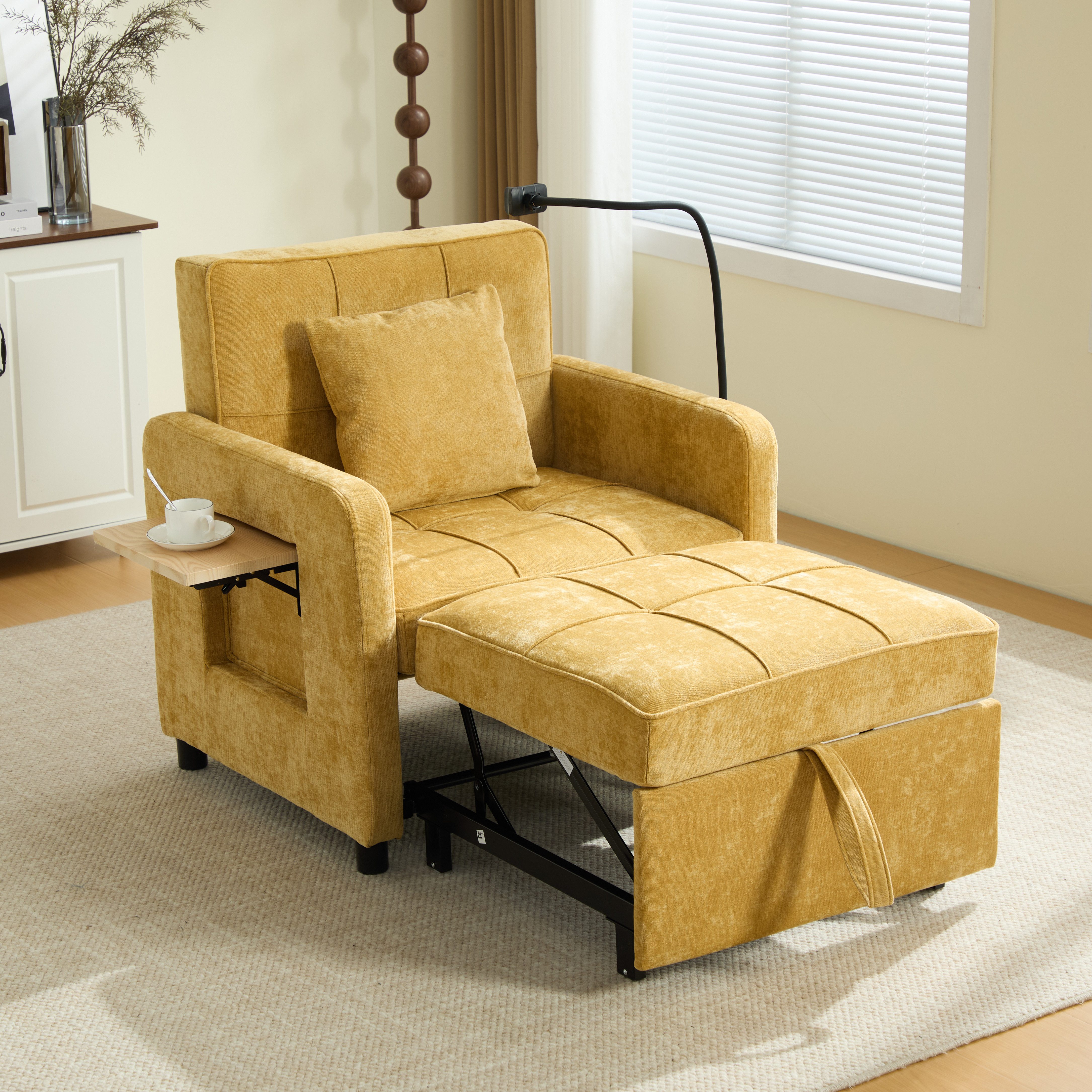 OKWISH Polsterstuhl Freizeitstuhl Loungesessel (mit Seitentaschen und Kissen, Einzelschlafsofa mit Aufbewahrung und kleinem Tisch, 2-in-1 Design)
