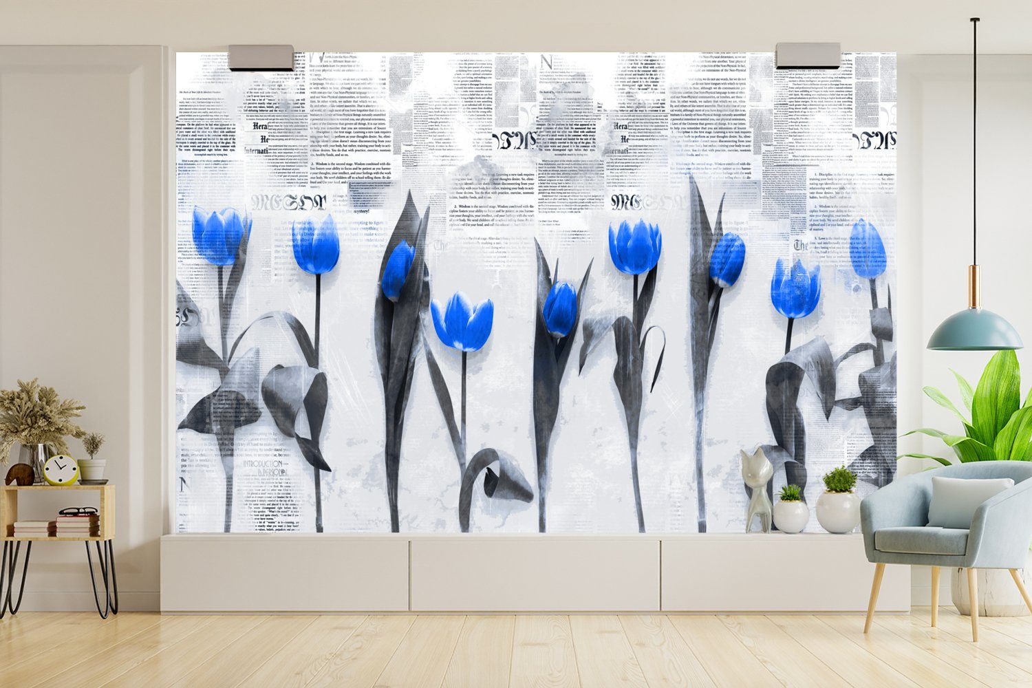 St), Tapete Vinyl Fototapete Kinderzimmer, - - Blau, Tulpen bedruckt, Wallpaper (6 für MuchoWow Schlafzimmer, Blumen Wohnzimmer, Matt,