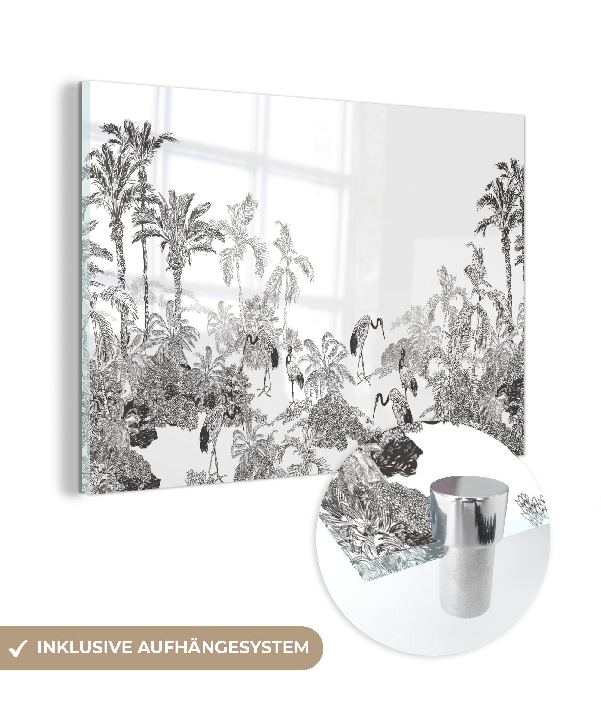 MuchoWow Acrylglasbild Dschungel - Vögel - Schwarz - Weiß, (1 St), Acrylglasbilder Wohnzimmer & Schlafzimmer