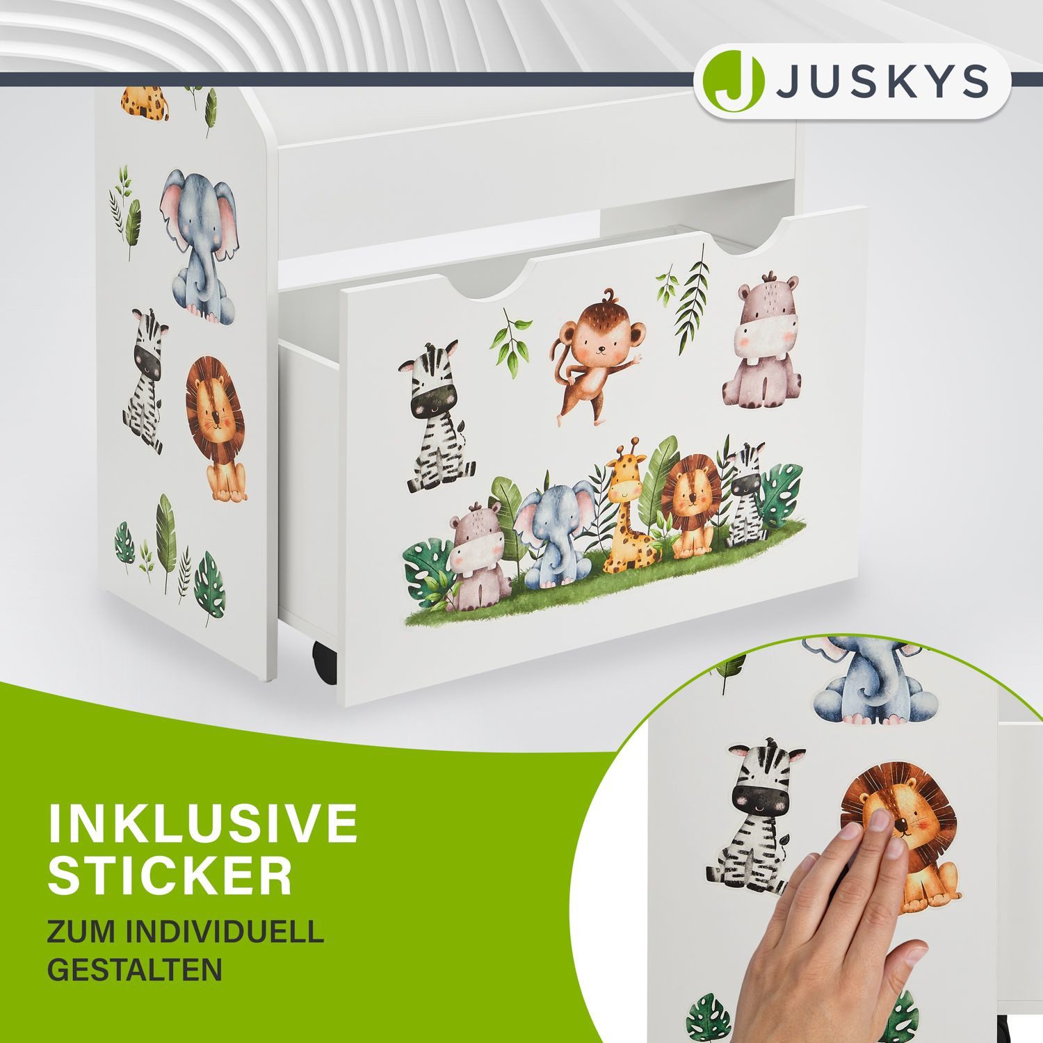 Juskys Bücherregal Kinder Bücherregal, 3 Fächer, Spielzeugkiste, kindgerecht, anbringbaren Stickern – Bild 5 von 5