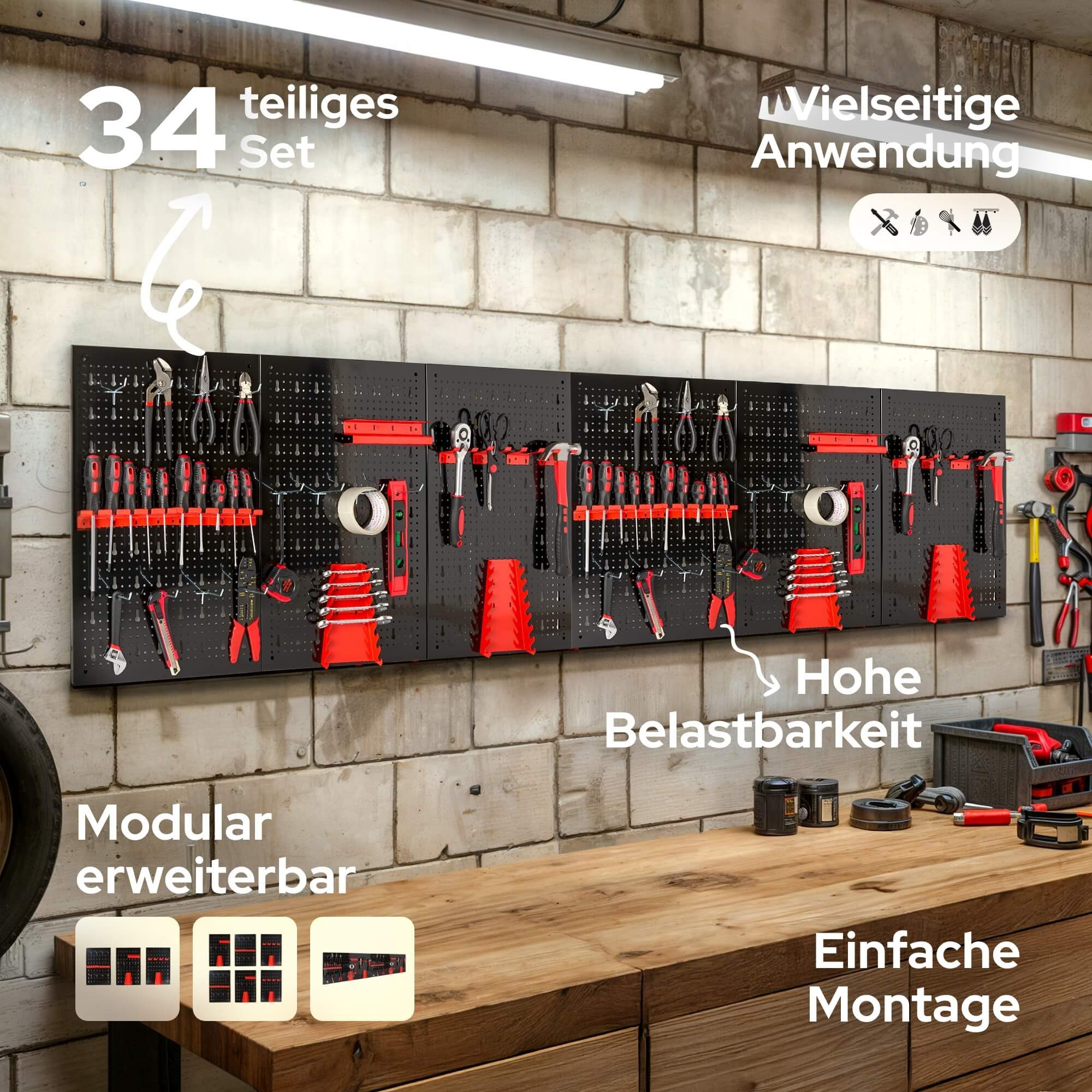 Arebos Lochwand Werkzeugwand dreiteilig, 34-teiliges Hakenset Rot / Blau, 6 Stk., (Set, 34-tlg)