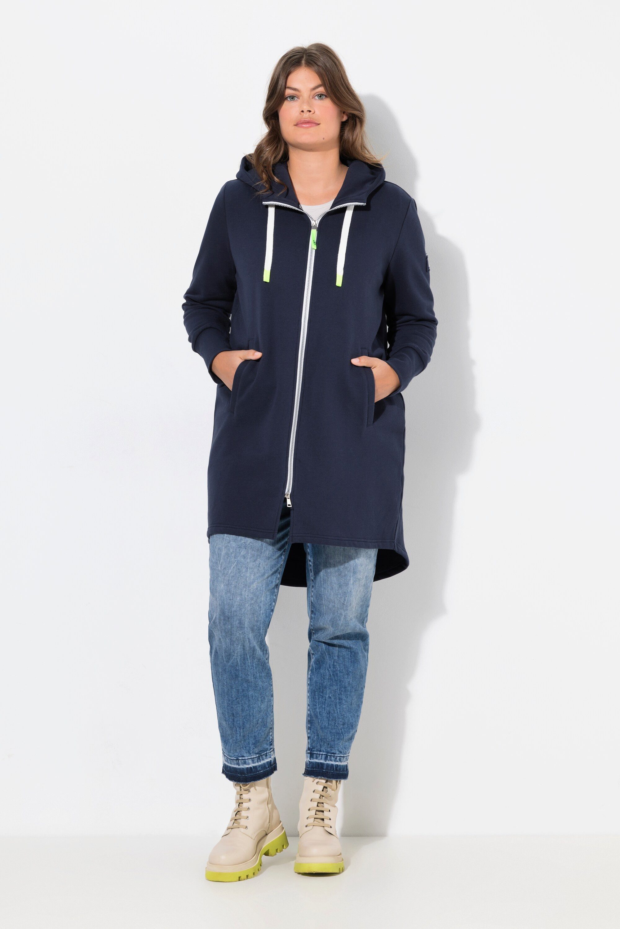 Sweatjacke Sweatjacke lang geschnitten Kapuze Langarm