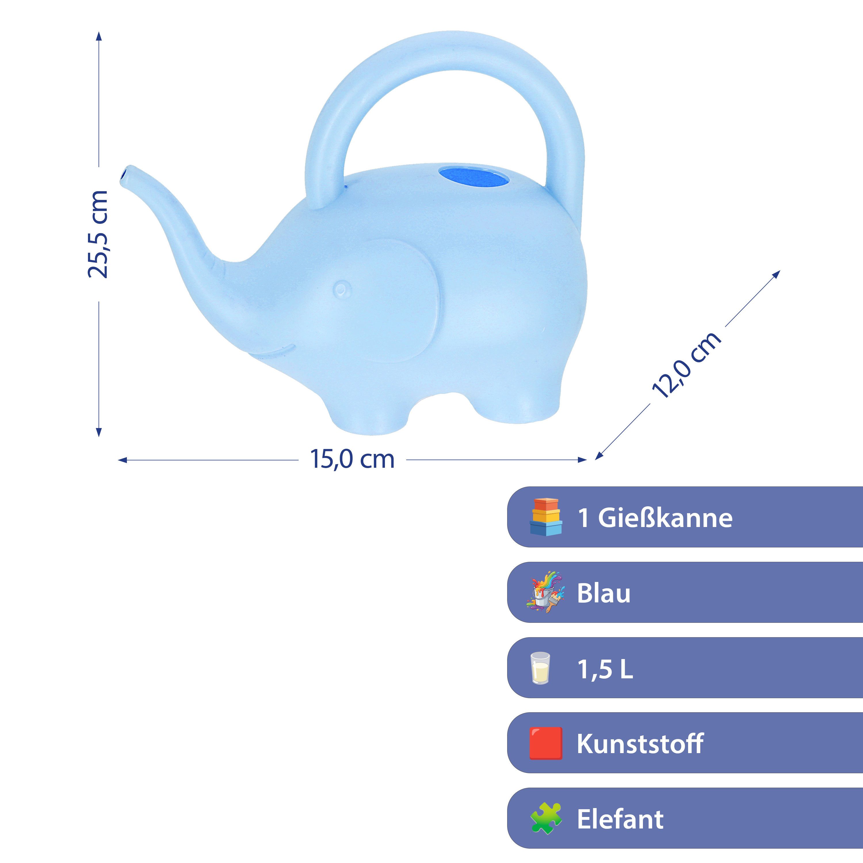CEPEWA Gießkanne Gießkanne Elefant Kunststoff hellblau 24x20x12cm 1,5 L Kanne Kinder