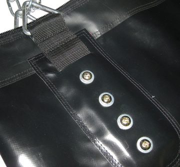 BAY-Sports Boxsack großer Profi Stahlkette Sandsack 150x35cm schwarz Kunstleder ungefüllt (schweren Vinyl mit Nylon-Gitternetzverstärkung, bis 70 kg), 4-strahlige verchromte Stahlkette, 180 x 35 cm
