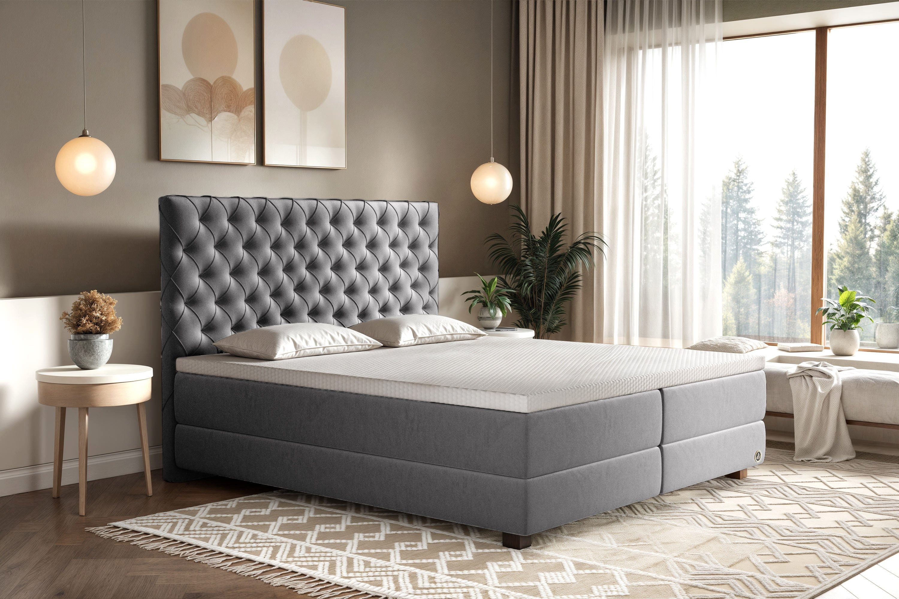 Di-Lara Boxspringbett Xenia 90x200 cm (Dunkelgrau, Taschenfederkern-Wendematratze H3/H4), mit Matratze(n) und Topper