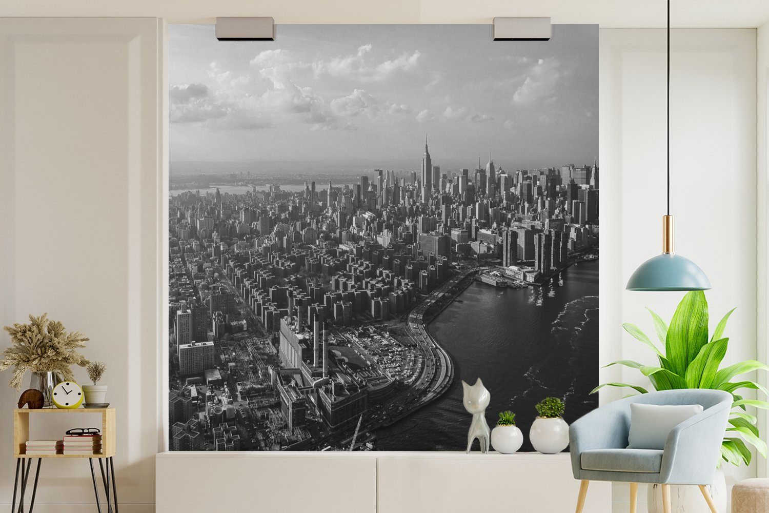 Manhattan, York von Luftaufnahme für MuchoWow Wandtapete New Vinyl Fototapete - Schlafzimmer, St), weiß, schwarz Wohnzimmer oder (5 bedruckt, Matt, und Tapete