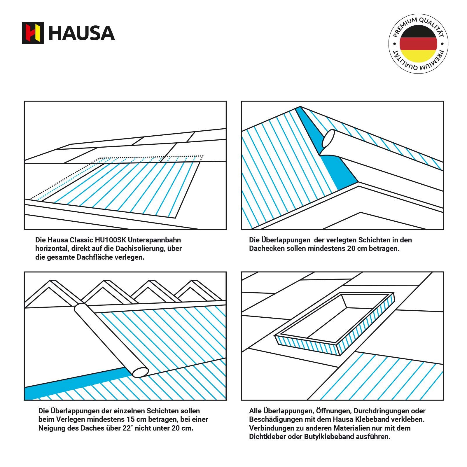 Hausa Dachbahn HU100, Ohne Selbstklebestreifen, wasserdicht, UV-beständig, dreilagig
