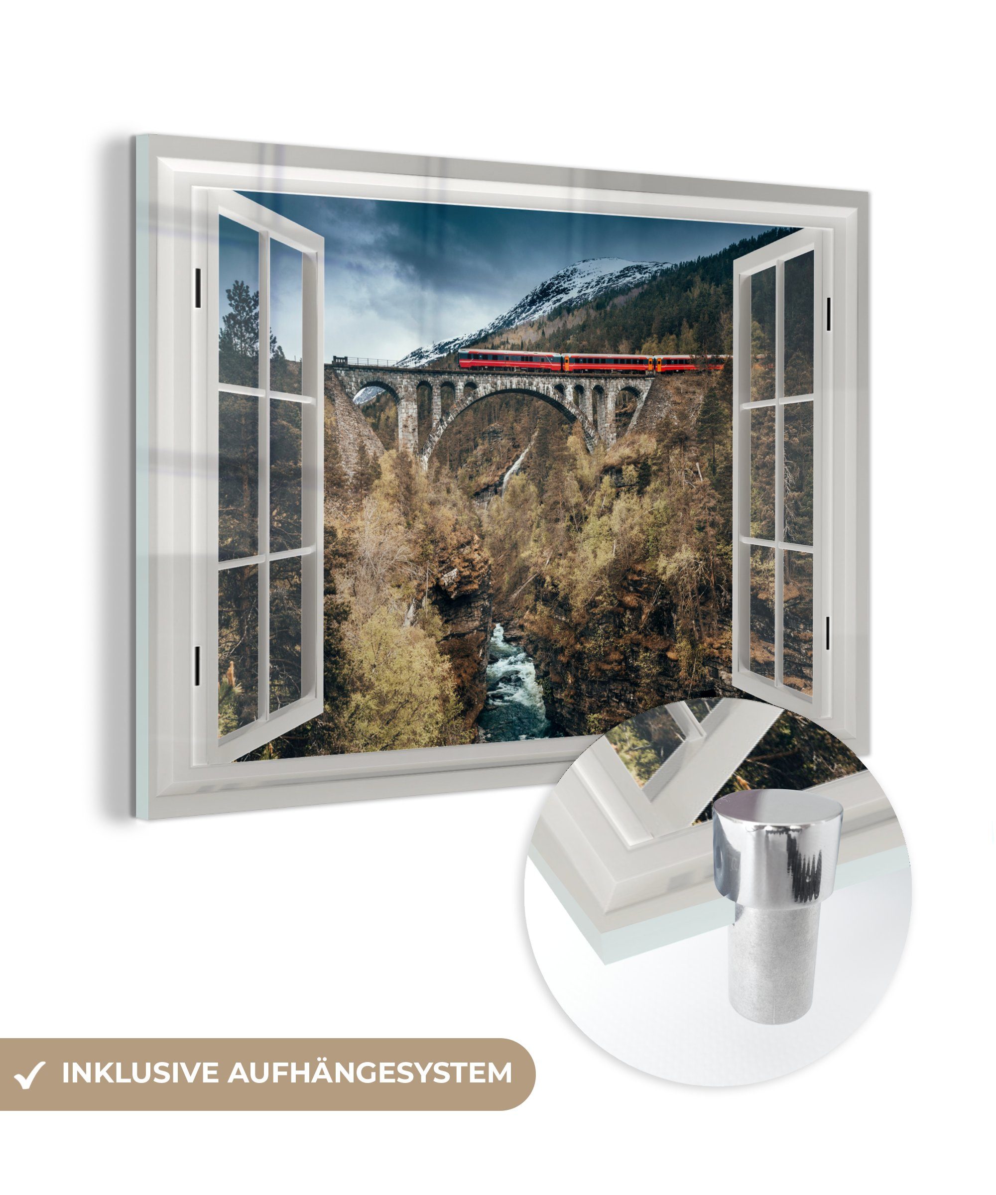MuchoWow Acrylglasbild Aussicht - Berge - Brücke, (1 St), Glasbilder - Bilder auf Glas Wandbild - Foto auf Glas - Wanddekoration