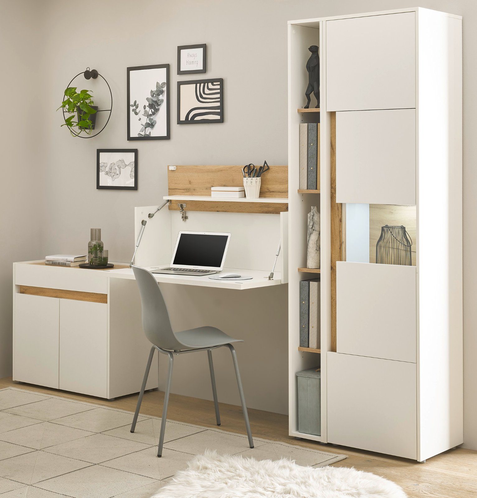 Furn.Design Mehrzweckschrank-Set Center, (Homeoffice Wohnwand in weiß mit Wotan Eiche, 4-teilig, 270 x 200 cm), integrierter Sekretär