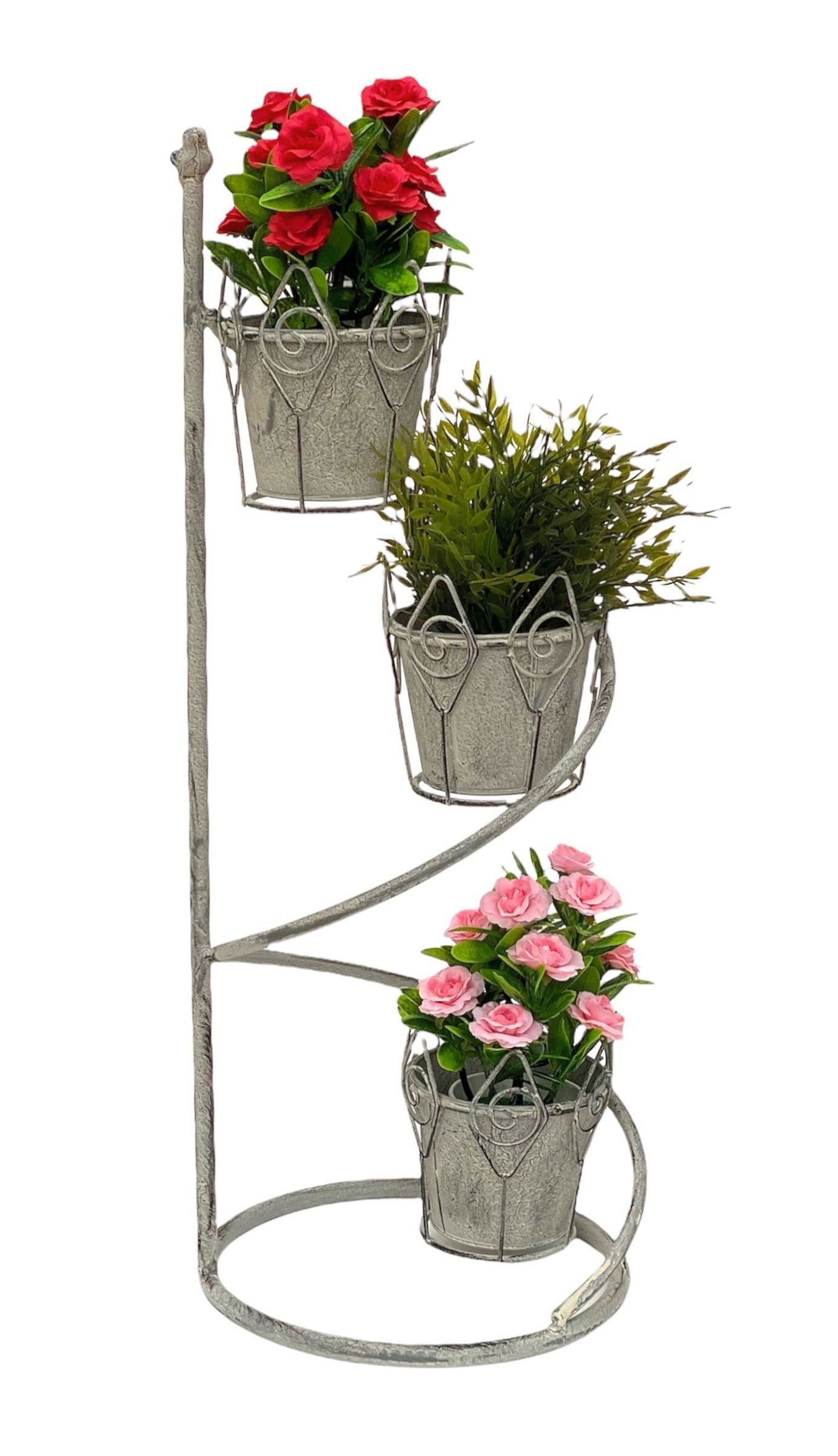 DanDiBo Pflanzentreppe Blumentreppe Metall Weiß Grau Rund 75 cm Blumenständer mit 3 Töpfe, 96131 Blumensäule Pflanzenständer Balkon Vintage