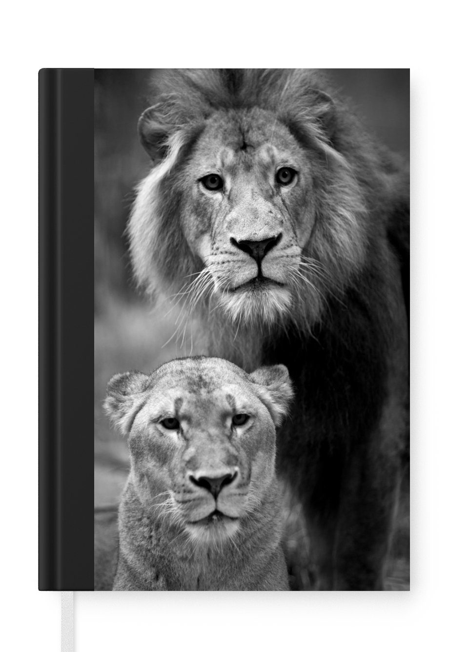 MuchoWow Notizbuch Porträt eines Löwen und einer Löwin - schwarz und weiß, Journal, Merkzettel, Tagebuch, Notizheft, A5, 98 Seiten, Haushaltsbuch