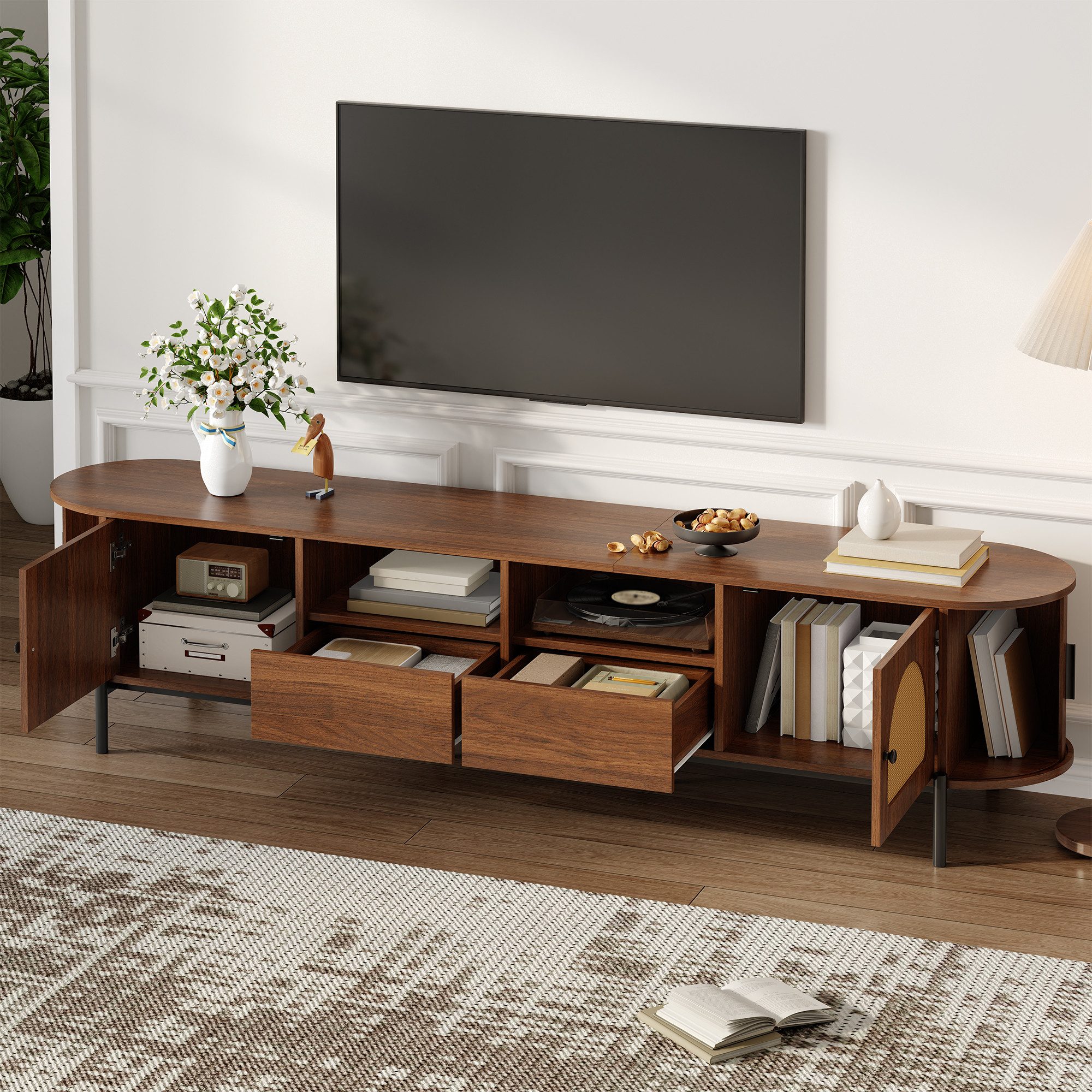 HAUSS SPOLE TV-Schrank mit Schiebetüren,Fernsehschrank mit Metallbeinen & Schubladen,Nussbaum (TV-Möbel mit Rattan-Front und Mehrzonen-Stauraum) Kabeldurchlässe auf der Rückseite,Mehrere Stauraumbereiche