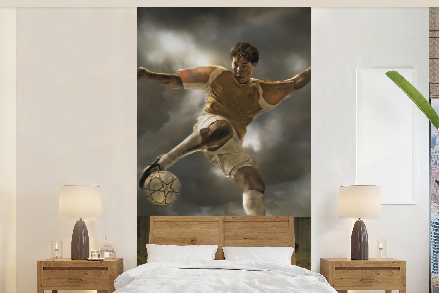 MuchoWow Fototapete Eine Illustration eines Fußballspielers, der den Ball schießt - Jungen, Matt, bedruckt, (2 St), Vliestapete für Wohnzimmer Schlafzimmer Küche, Fototapete