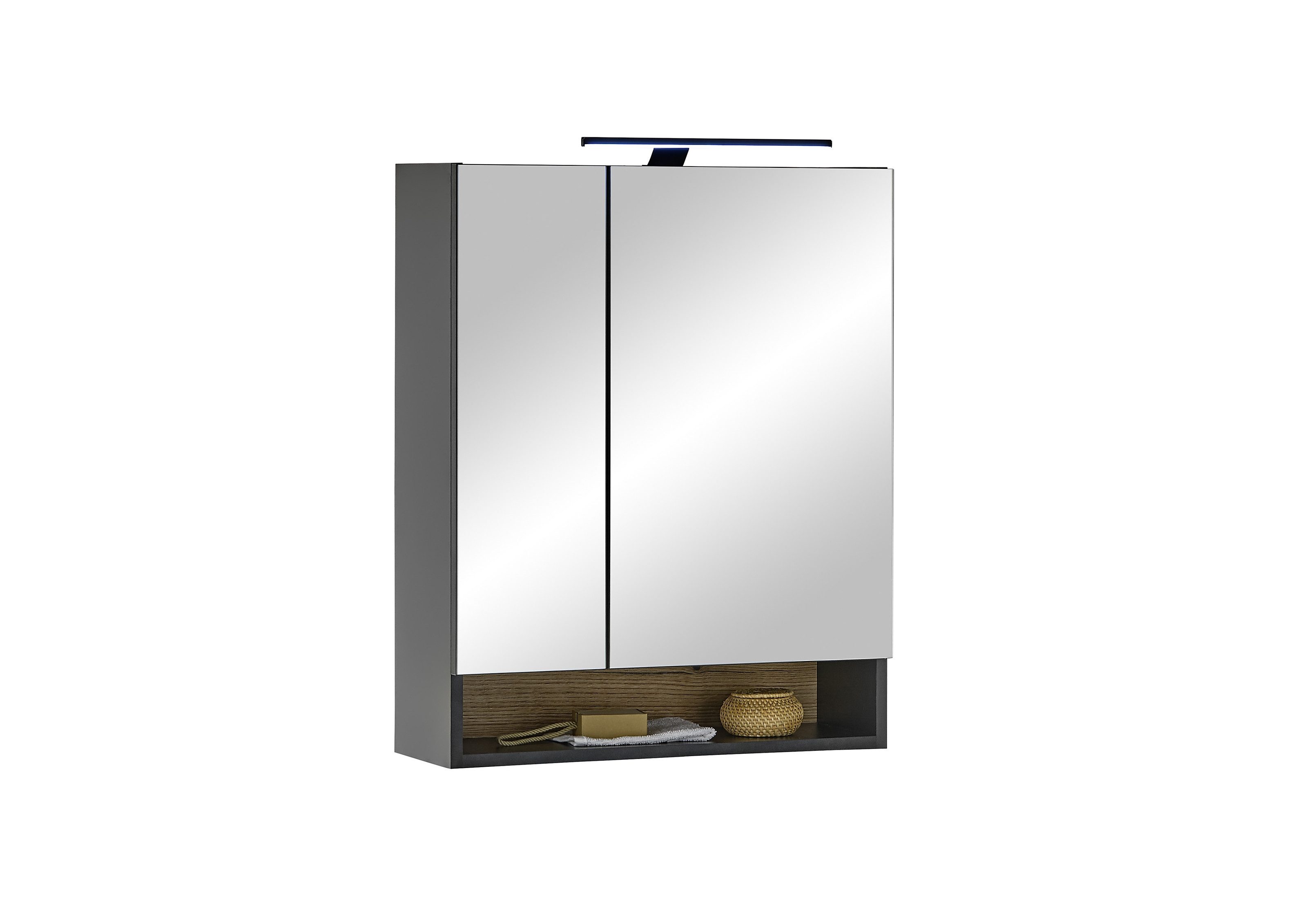 BEGA BBK Badezimmerspiegelschrank LED, Steckdose, schwarz matt / evoke Eiche Dekor - 60x75x22cm (BxHxT)