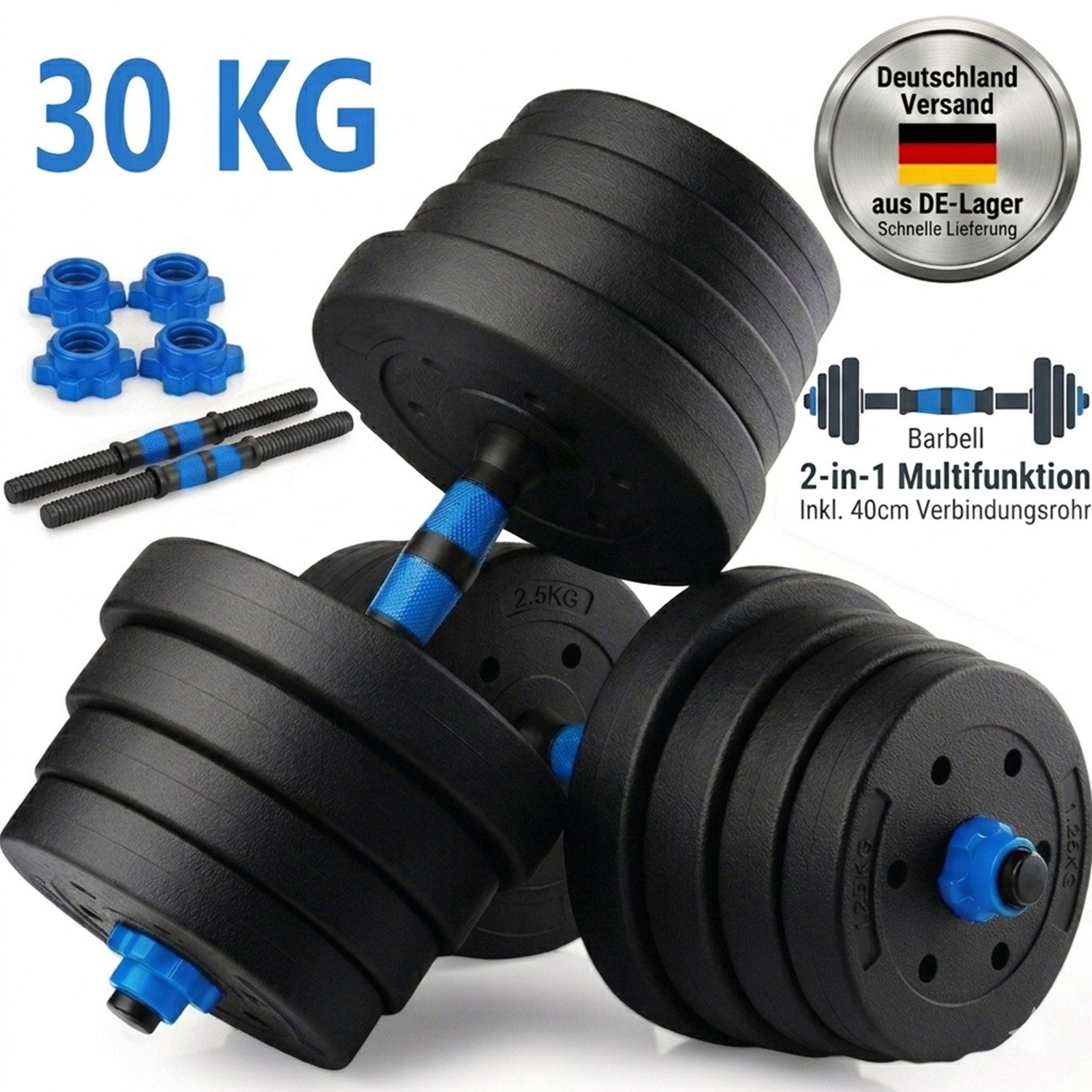 kehot Hantel-Set 30kg Hantelset aus PVC mit Zementfüllung - Kurz- & Langhantel, (2-in-1 Kurzhantel & Langhantel mit Verbindung für Langhantel, Ideal für Intensives Arm-, Brust- & Ganzkörpertraining Daheim), Robustes PVC, Sicherer Halt durch Muttern, Platz