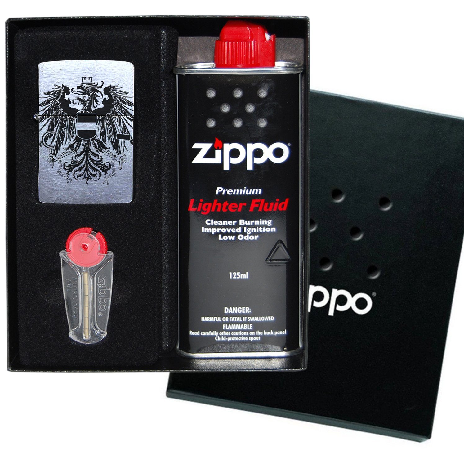 Feuerzeuge Zippo Feuerzeug mit Gravur Österreich Wappen Chrome Brushed Austria