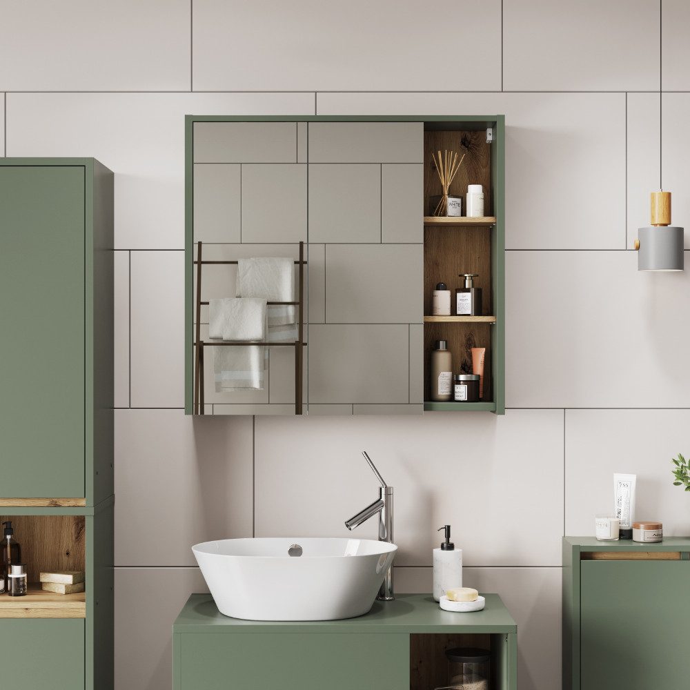Vicco Badezimmerspiegelschrank Viola, Grün/Artisan, 80 x 75 cm mit offenen Regalen (1-St)