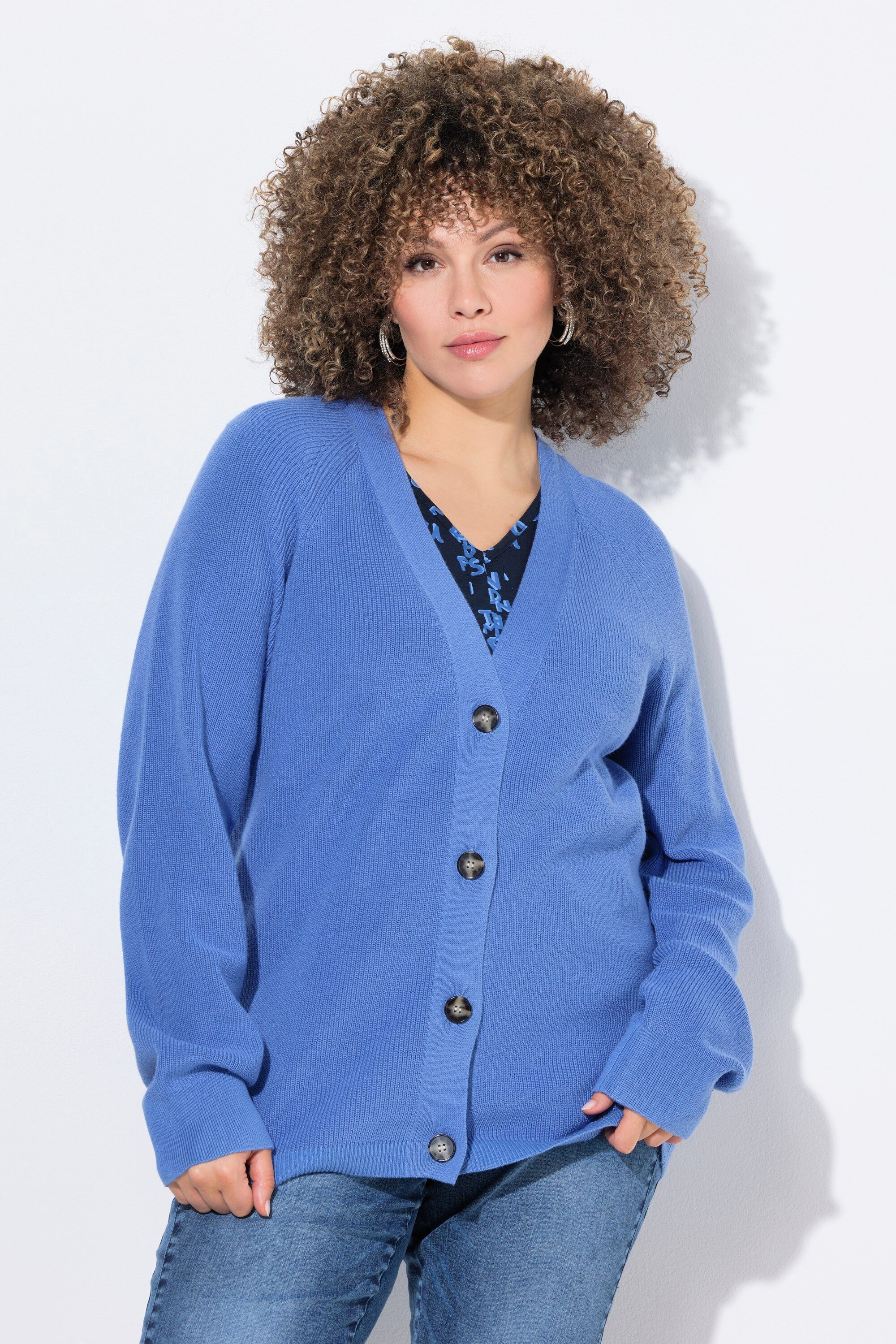 Ulla Popken Cardigan Strickjacke Knöpfe V-Ausschnitt Langarm günstig online kaufen