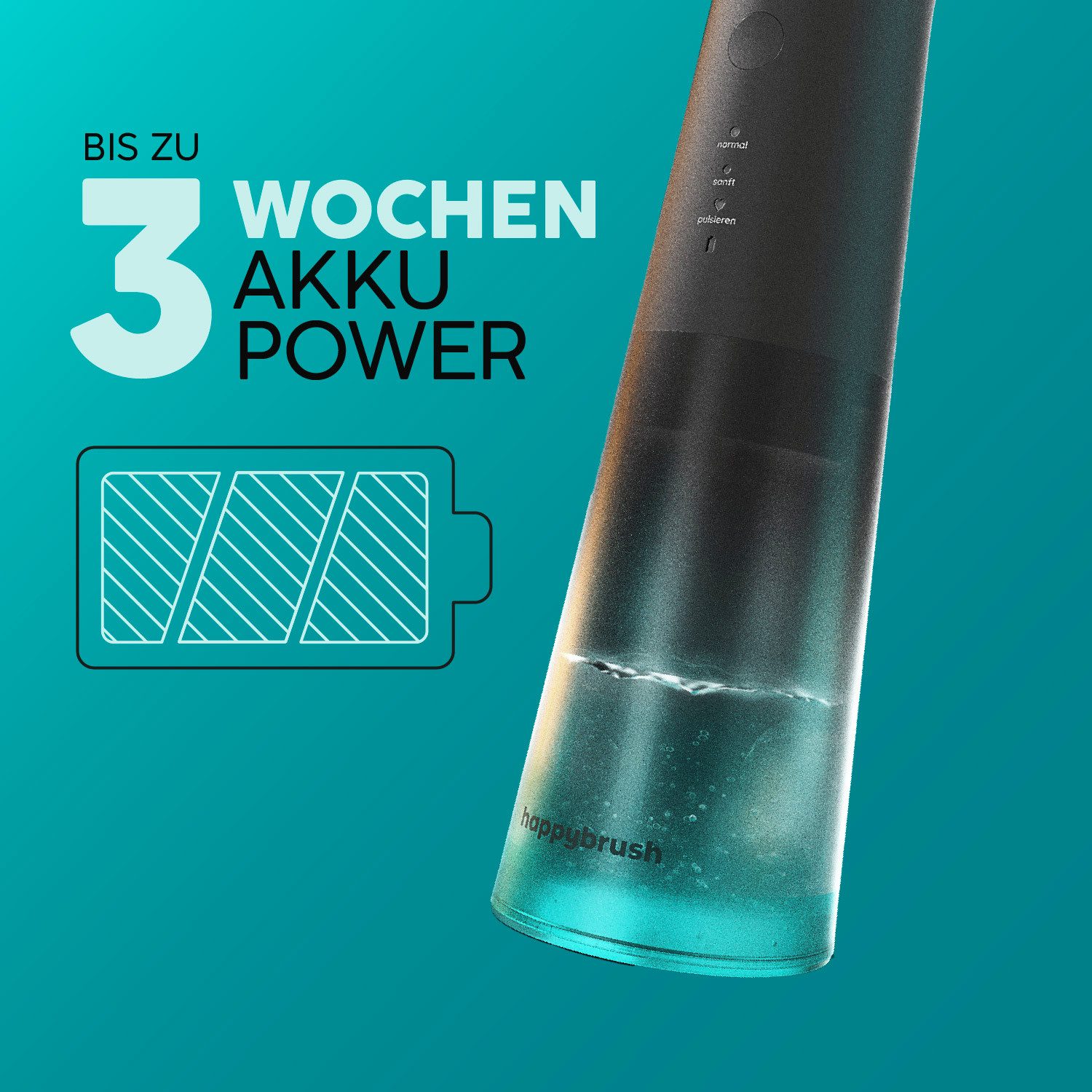 happybrush Munddusche Eco Flow Set - 100 Tage Probeputzen - bis 3 Wochen Power Akku, Aufsätze: 2 St., 240ml Wassertank, hochwertigen TripleBorsten