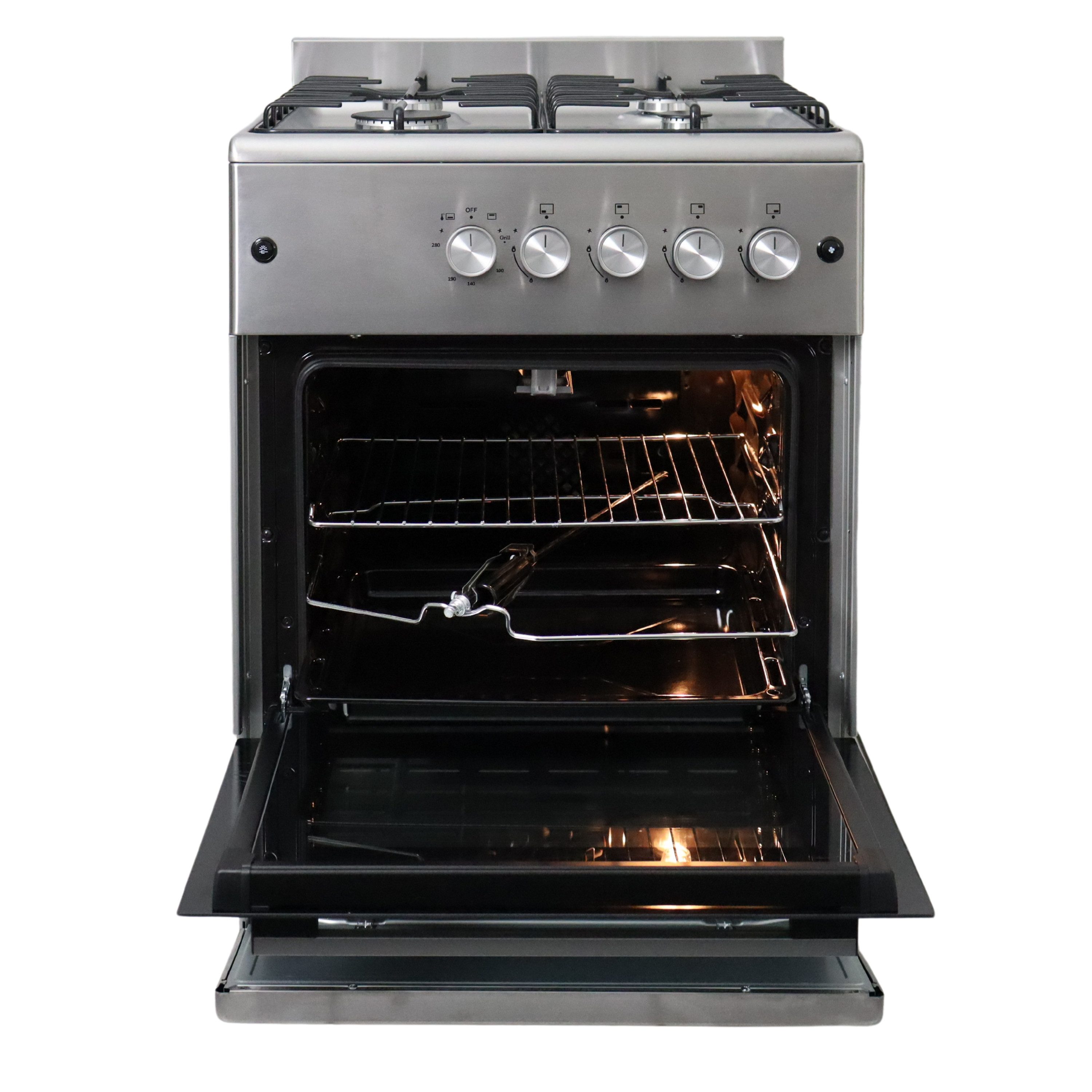 Gasline Gas-Standherd mit Gasbackofen mit Thermostat, 60cm breit SHGG6060FGIX, mit Grill, Umluft, Drehspieß & Beleuchtung, Edelstahl, Zündsicherung, Elektrische Zündung, Erdgas Propangas