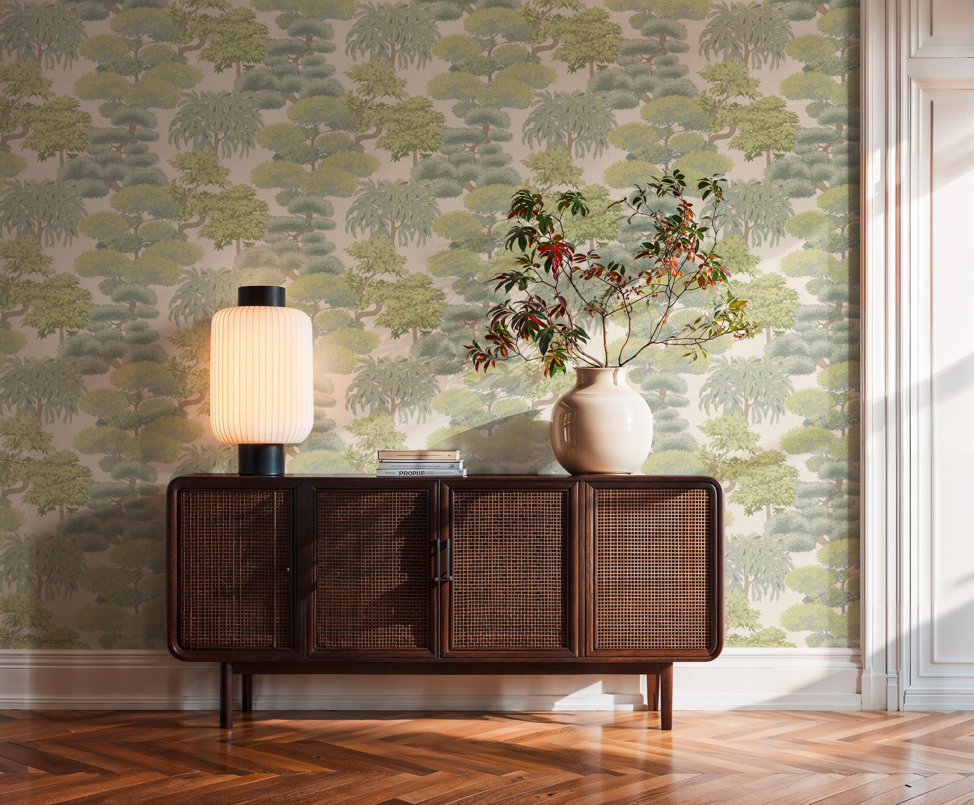 A.S. Création Vliestapete Cuba II Tropical Garden Trees, leicht strukturiert, floral, tropisch, Retro, Stilisiertes Naturmotiv mit dekorativen Bäumen und Tiefe