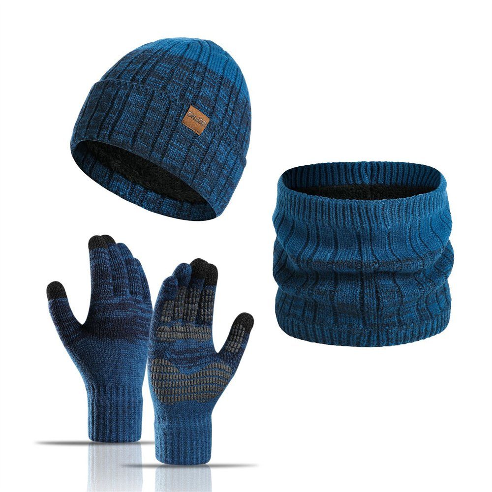 ManKle Strickhandschuhe Herren Winter Warm Beanie Mütze Schal und Touchscreen Handschuhe Set Blau