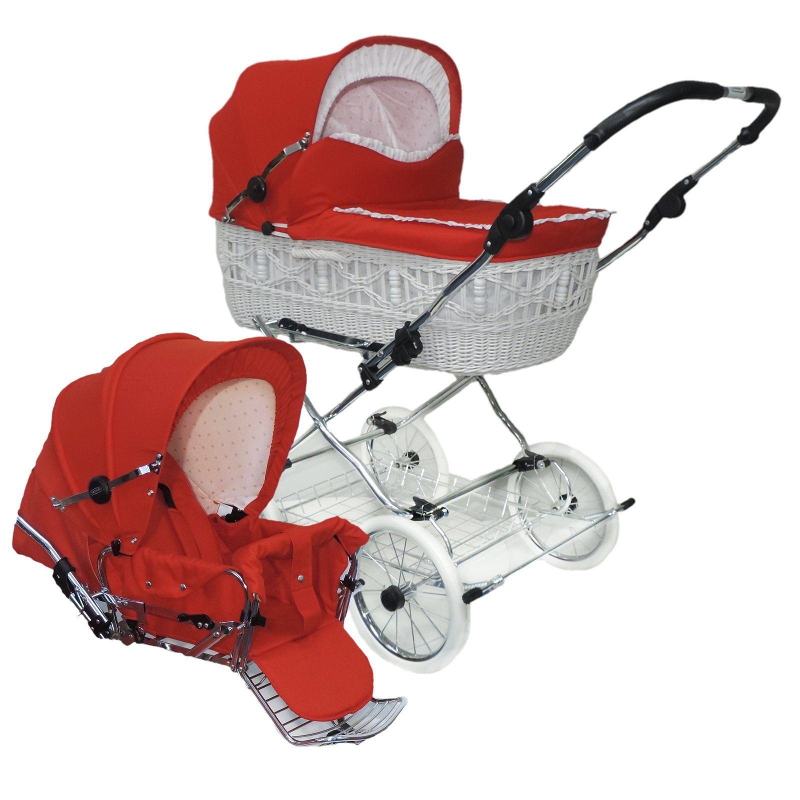 Eichhorn Kinderwagen Kombi-Kinderwagen Retro Korbkinderwagen Komplett-Set "Senator", Weide Weiß, inklusive Sportwageneinsatz (0-3 Jahre) / made in EU