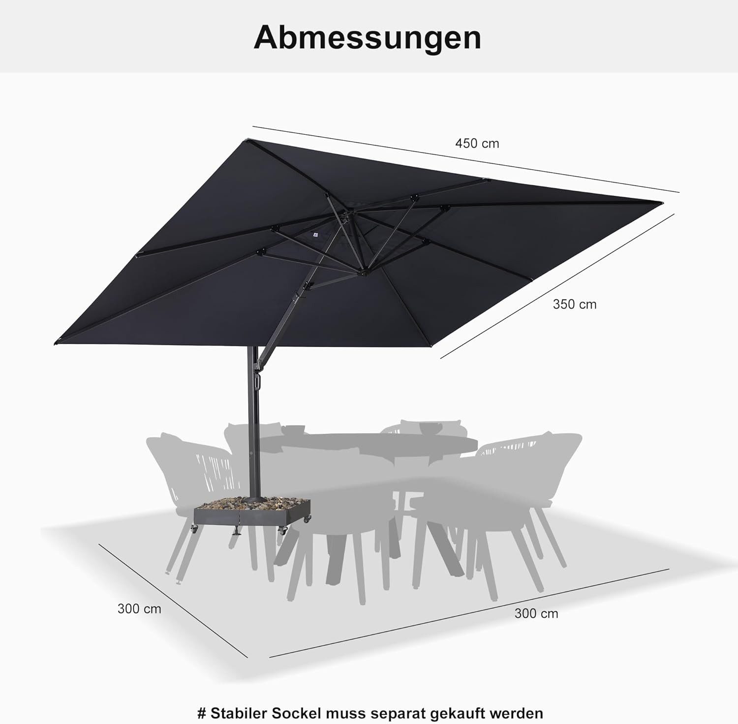 PURPLE LEAF Sonnenschirm Rechteckiger Aluminium Terrassenschirm,Groß Ampelschirm, LxB: 450,00x350,00 cm, Rechteckig Maße:350 x 450 cm, 360° drehbar, höhenverstellbar, UV-beständig, 360° drehbar