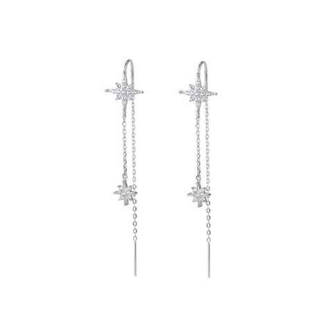 LENBEST Paar Ohrhänger 925 Sterling Silber Stern Ohrringe Kette für Frauen (2-tlg), Mädchen Lange Ohrringe Stern Tropfen Quaste Ohrringe Einfädler