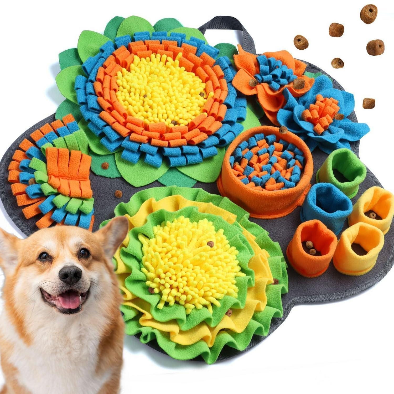 LuxusKollektion Schnüffelteppich Schnüffelteppich Hund, waschbar, 57x57cm, Gelb/Orange/Grün/Blau, Textil