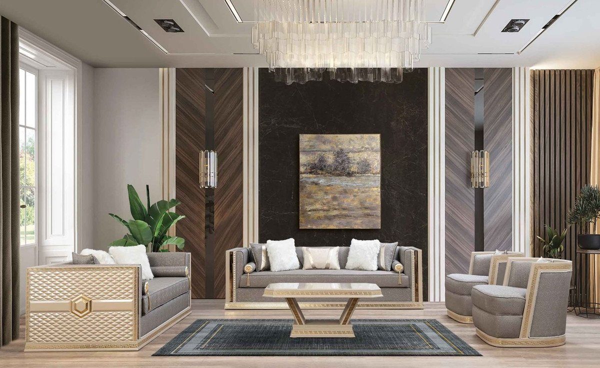 Luxus Sofa Wohnzimmer Gold - Deco Cremefarben Wohnzimmer Casa Art Art - Möbel Deco Sofa / Handgefertigtes / Silber Padrino Sofa