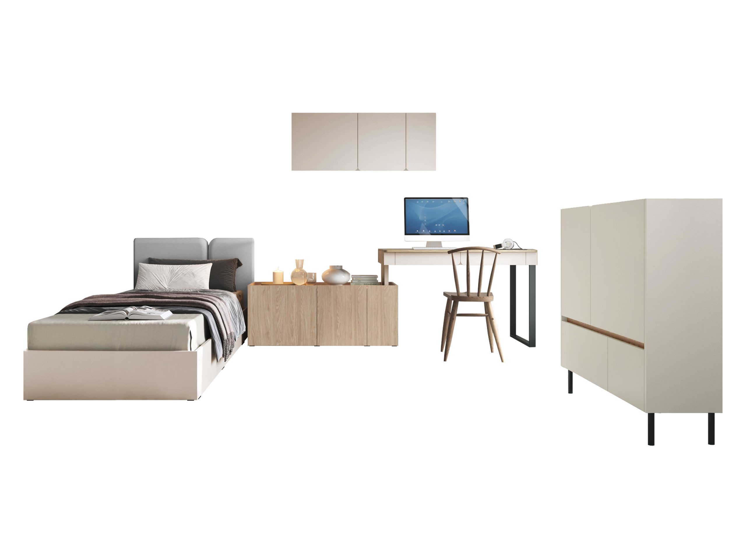 MIRJAN24 Jugendzimmer-Set Luca II, (4er-Set, Kommode, Schreibtisch, Wandregal, Jugendbett), Leistenlattenrost, Metallfüße, 90x200 cm