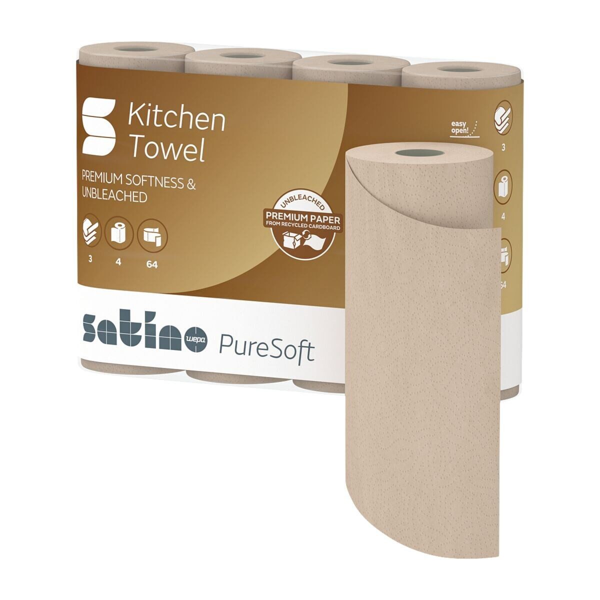 Satino Papierküchenrolle PureSoft (4-St), 3-lagig, 4 Rollen, 64 Blatt/Rolle