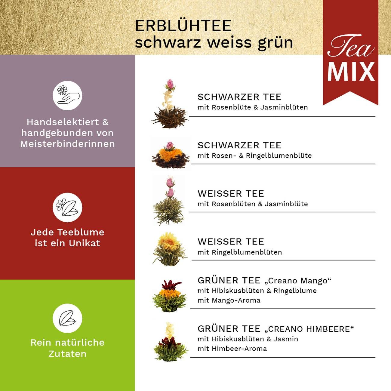 Creano Tee Creano Probierset 6 Kugeln Erblühtee weißer, grüner & schwarzer Tee, 1 x 6 St.