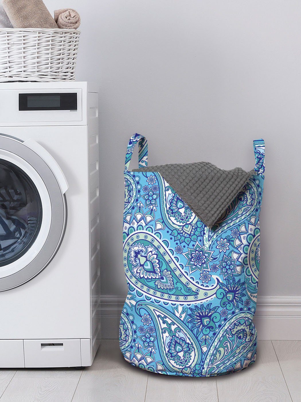 Abakuhaus Wäschesäckchen Blumen-Kunst Griffen Ethnical Wäschekorb Paisley blau mit für Waschsalons, Kordelzugverschluss