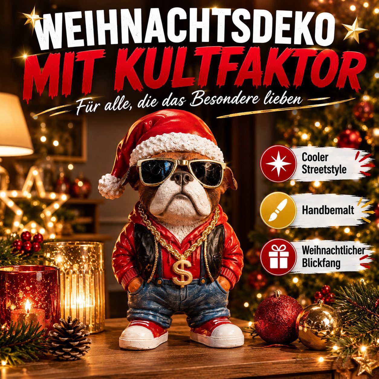 formano Dekofigur Bulldogge mit Weihnachtsmütze & Sonnenbrille 29 cm