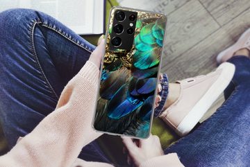 MuchoWow Handyhülle Federn - Pfauenfedern - Pfau - Blau - Kunst, Phone Case, Handyhülle Samsung Galaxy S21 Ultra, Silikon, Schutzhülle