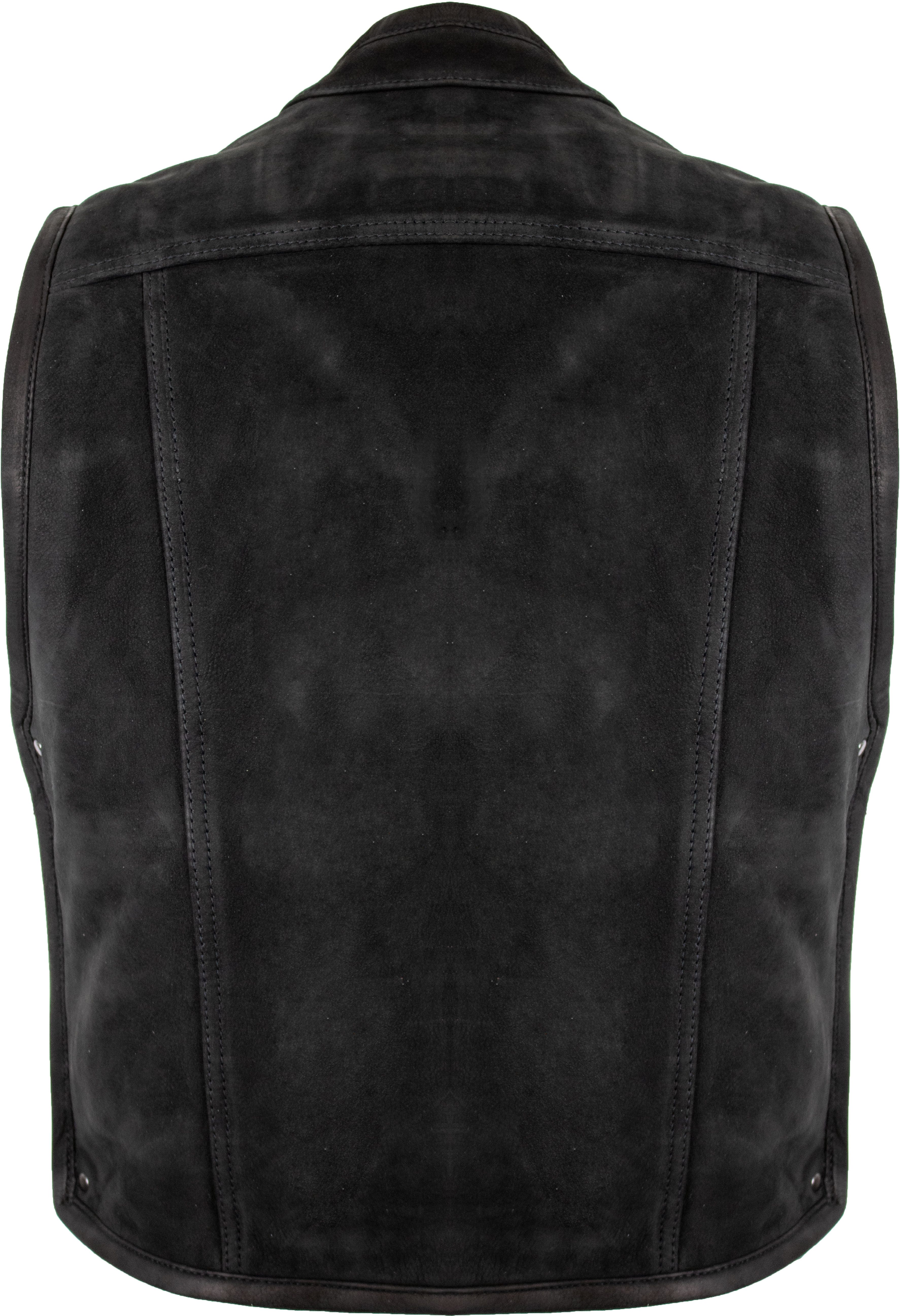 MDM Motorradweste Matt Schwarze Herren Lederweste mit Reißverschluss, halber Stehkragen An den Seiten erweiterbar