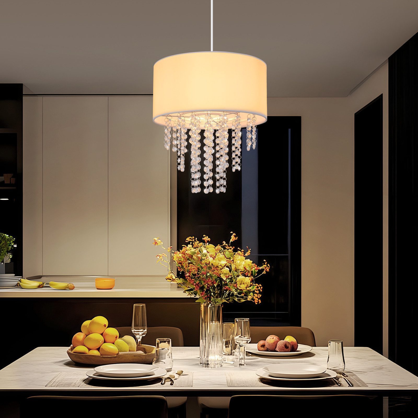 Nettlife Hängeleuchte Kristall Esstisch Stoff E27 Modern Pendelleuchte 150CM Esszimmer, Höhenverstellbar, LED wechselbar, für Schlafzimmer Esstisch Wohnzimmer Esszimmer