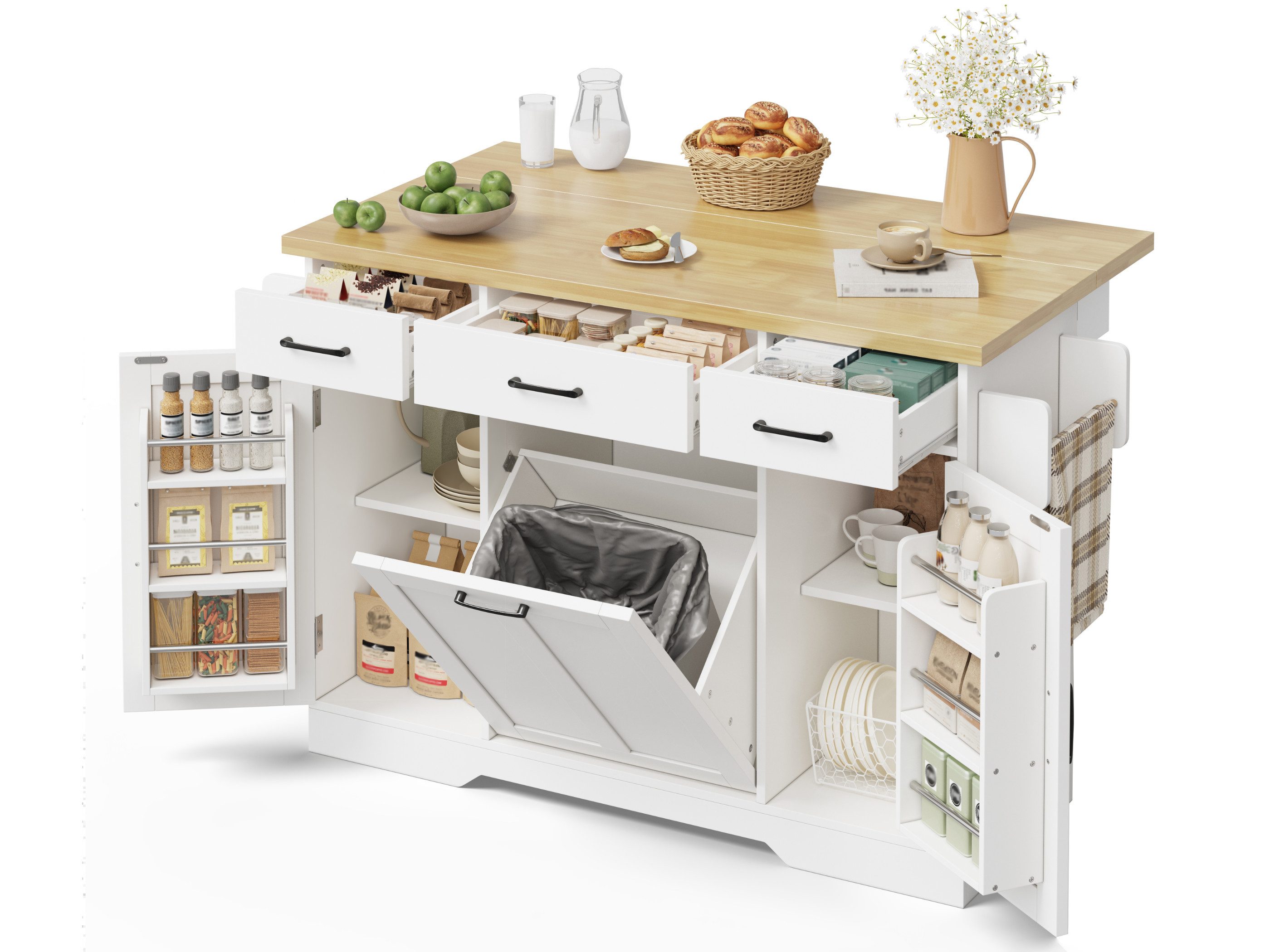 SeedWave Kücheninsel Moderner Rollwagen mit 120cm Klappbarer Tishplatte, Müllbehältersfach, Beweglicher Küchenschrank inkl, Handtuchhalter, feststellbaren Rollen