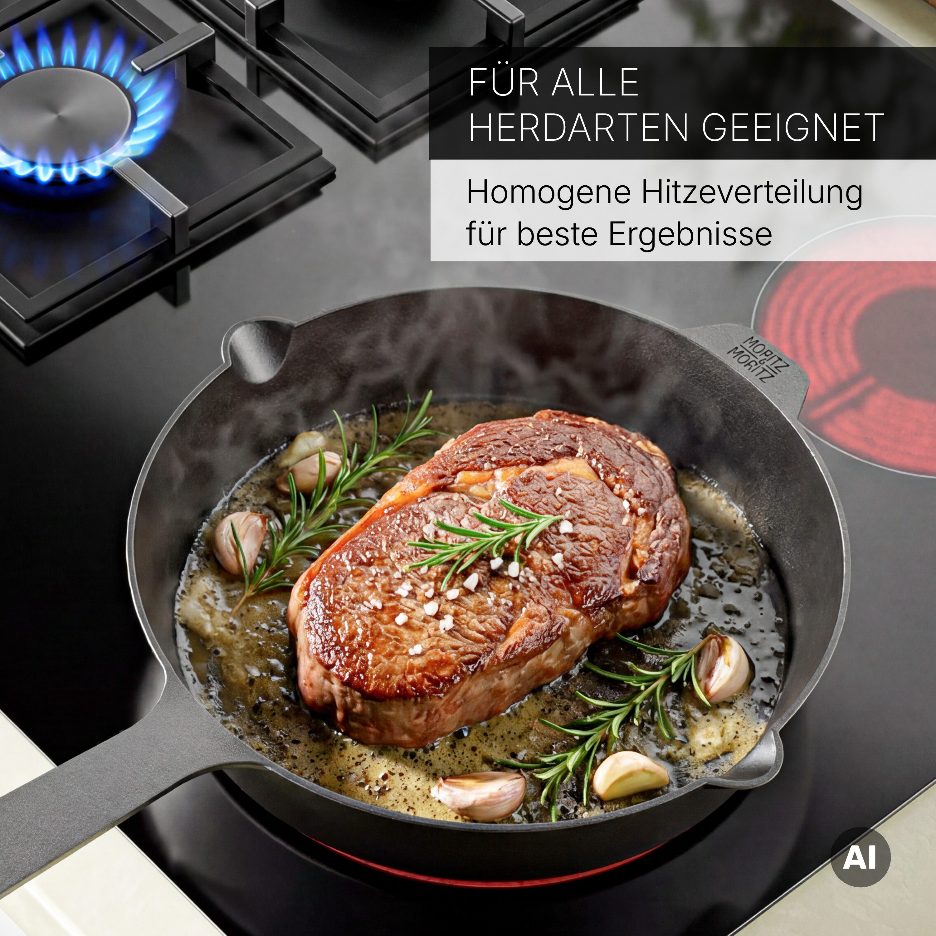 Moritz & Moritz Bratpfanne Gusseisenpfanne 28cm, Gusseisen (Set), Alle Herdarten Ofen & Grill geeignet, Voreingebrannt – Bild 4 von 5