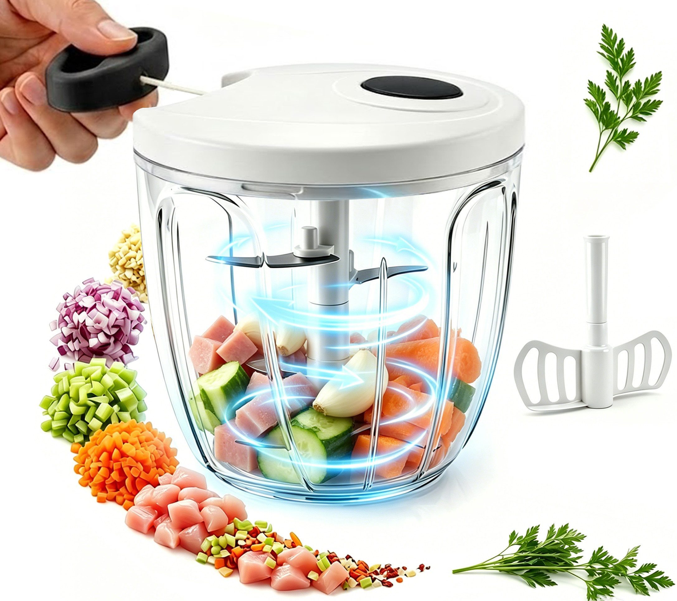 ibettertec Zerkleinerer Manueller Zugseil-Gemüse- & Zwiebelzerkleinerer, 900 ml, Edelstahlklingen Hohe Effizienz & Großes Fassungsvermögen