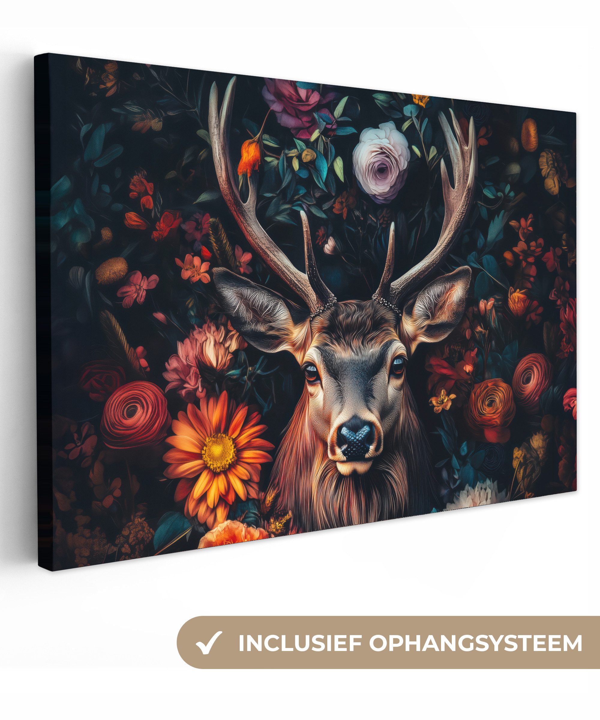 OneMillionCanvasses® Leinwandbild Hirsch - Tierporträt - Blumen - Natur - Hirschkopf, Fotodruck (1 St), Leinwand Bilder Klein, Wand Dekoration Aesthetic 30x20 cm