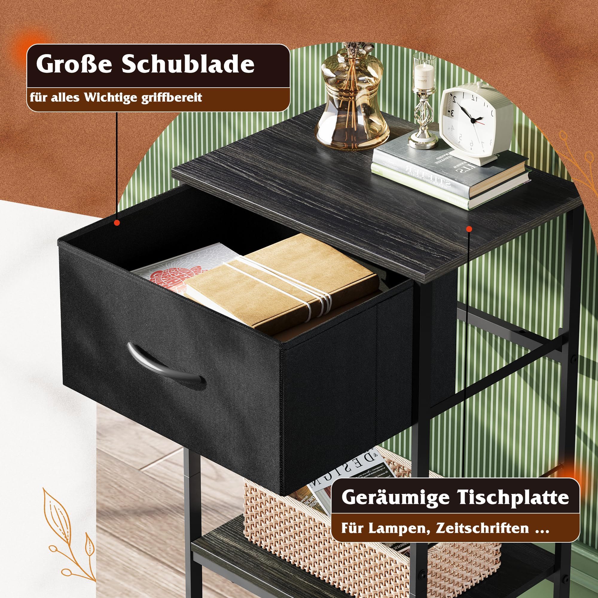 WLIVE Beistelltisch Nachttisch mit Stoffschublade & Ablage, 40×30×63 cm, Metallrahmen (1 Tisch), platzsparender Nachtschrank fürs Schlafzimmer & Wohnzimmer – Bild 5 von 5