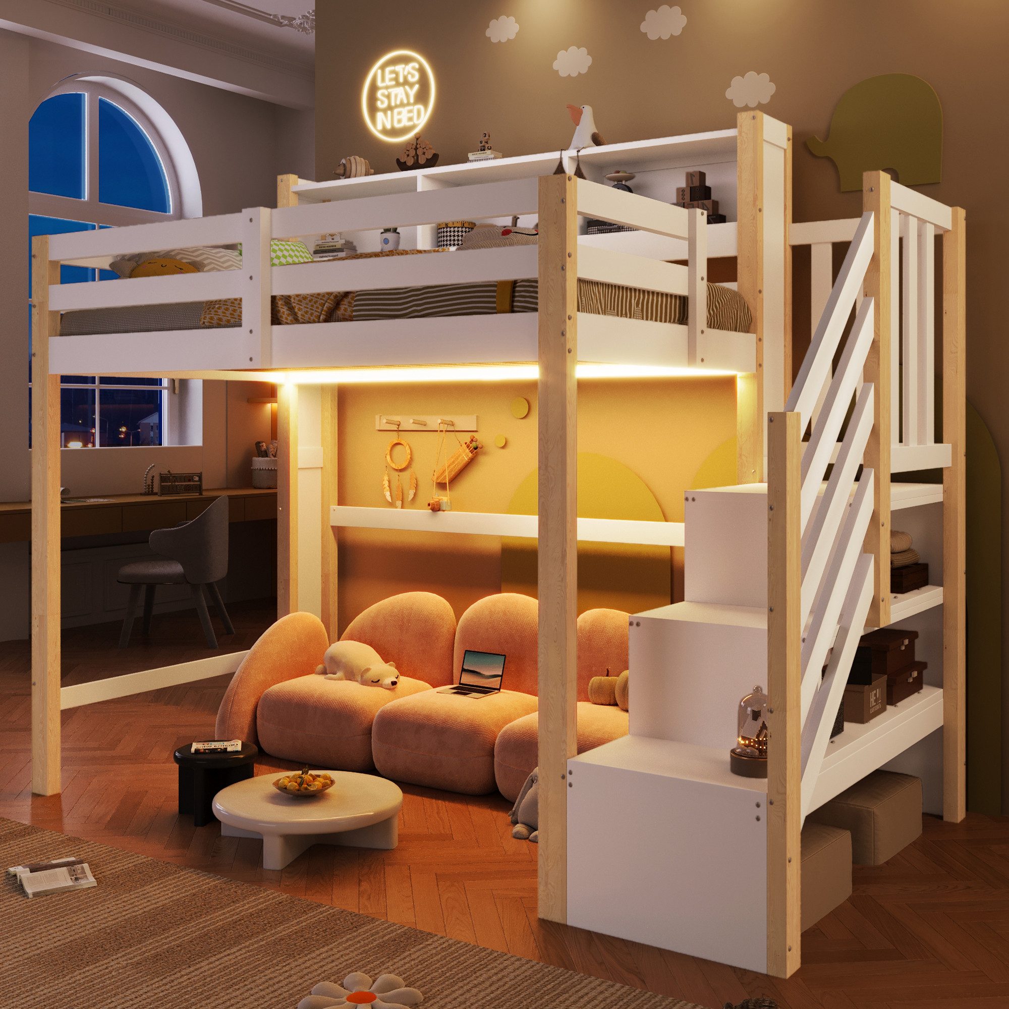 Merax Hochbett mit LED-Beleuchtung (1-St., Massivholz Jugendbett Einzelbett) Kinderbett 90x200cm mit Stauraumtreppe, Lagerregalen & Staufächern