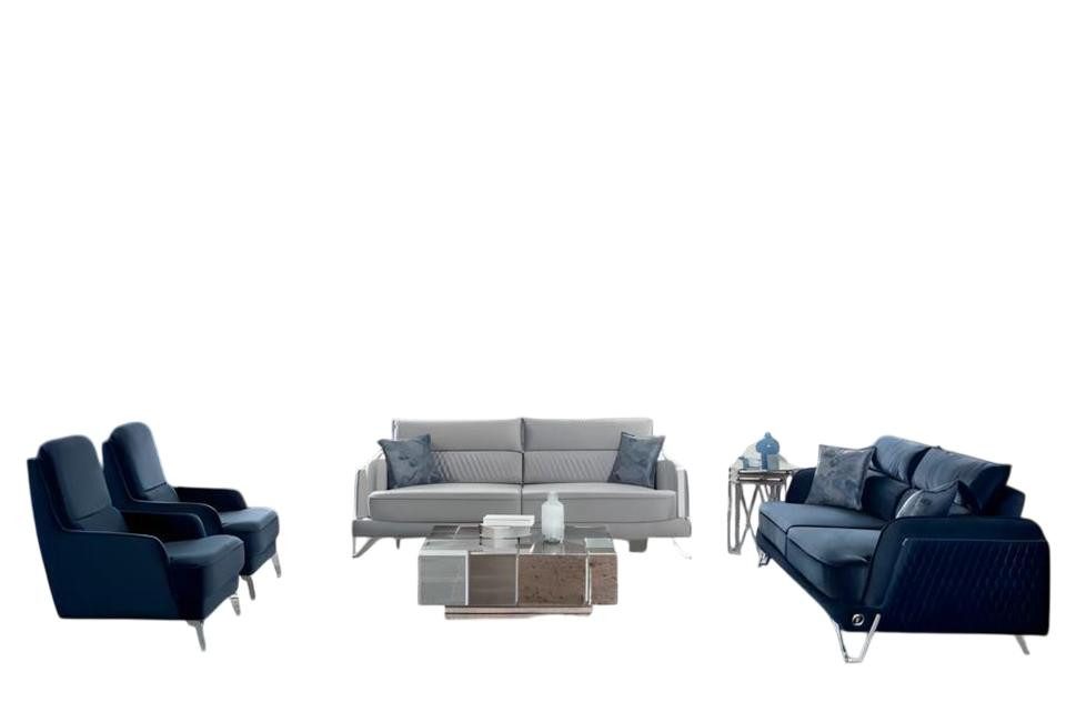 JVmoebel Polstergarnitur Sofagarnitur 3+3+1+1 Sitzer Blau Weiß Stoff Chromfüße Modern Luxus, (4-tlg., Sofa 3-Sitzer, Sessel), Made in Europe